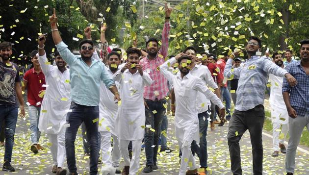 SOPU supporters celebrating their victory near DAV college in Chandigarh on Thursday. (Karun Sharma / HT PHOTO) SOPU supporters celebrating their victory near DAV college in Chandigarh on Thursday. (Karun Sharma / HT PHOTO)