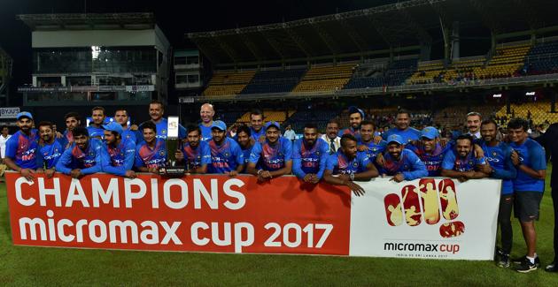Indian cricketers after their victory in the Twenty20 international cricket match between Sri Lanka and India at R. Premadasa Stadium in Colombo on September 6. (Arun Sankar / PTI) Indian cricketers after their victory in the Twenty20 international cricket match between Sri Lanka and India at R. Premadasa Stadium in Colombo on September 6. (Arun Sankar / PTI)