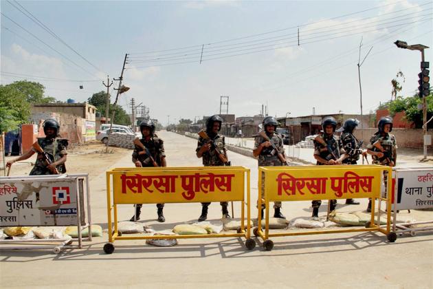 Search operations at the Dera Sacha Sauda headquarters in Sirsa began amid heavy security cover. (PTI) Search operations at the Dera Sacha Sauda headquarters in Sirsa began amid heavy security cover. (PTI)