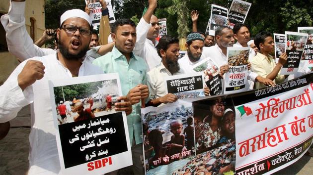 Social Democratic Party activists demonstrate a protest against the atrocities allegedly faced by Rohingya Muslims, in Meerut on Saturday. (PTI) Social Democratic Party activists demonstrate a protest against the atrocities allegedly faced by Rohingya Muslims, in Meerut on Saturday. (PTI)