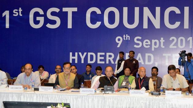 Union finance minister Arun Jaitley at the 21st GST Council meet in Hyderabad on Saturday. (PTI) Union finance minister Arun Jaitley at the 21st GST Council meet in Hyderabad on Saturday. (PTI)