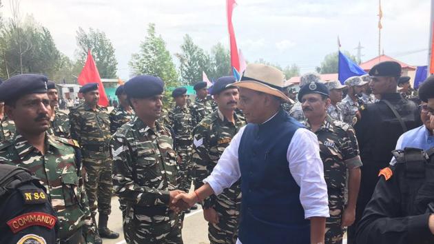 Home minister Rajnath Singh meets CRPF personnel at 90 Battalion camp in Anantnag, Jammu and Kashmir, on Sunday. (Twitter) Home minister Rajnath Singh meets CRPF personnel at 90 Battalion camp in Anantnag, Jammu and Kashmir, on Sunday. (Twitter)