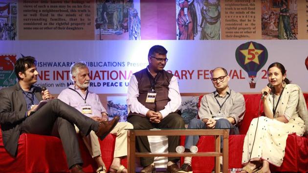 Shifting Paradigm: Panel discussion by Lohit Jagwani, Ashok Chopra, Vishal Soni, Akash Shah and Trisha Bora during the Pune International Literary Festival at Yashada auditorium in Pune on Saturday.(Rahul Raut/HT PHOTO)