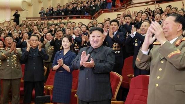 A photo released by North Korea’s Central News Agency shows leader Kim Jong-un celebrating with nuclear scientists and engineers who contributed to a hydrogen bomb test, in Pyongyang.(Reuters Photo)