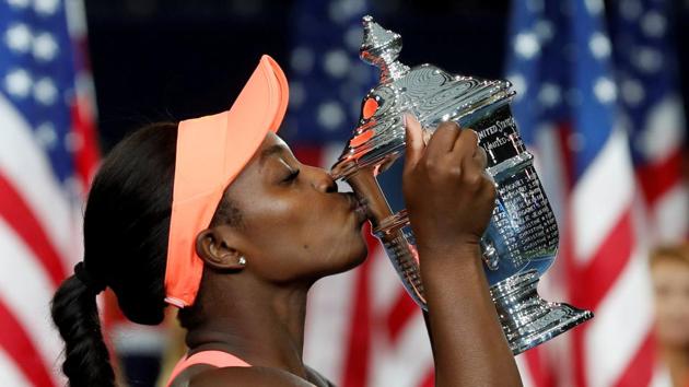 Sloane Stephens kisses the US Open trophy after defeating Madison Keys in the final on Saturday. (REUTERS) Sloane Stephens kisses the US Open trophy after defeating Madison Keys in the final on Saturday. (REUTERS)