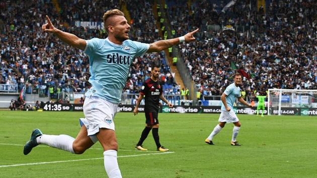 Ciro Immobile celebrates after scoring his second goal for Lazio during the thumping win over AC Milan. (AFP) Ciro Immobile celebrates after scoring his second goal for Lazio during the thumping win over AC Milan. (AFP)
