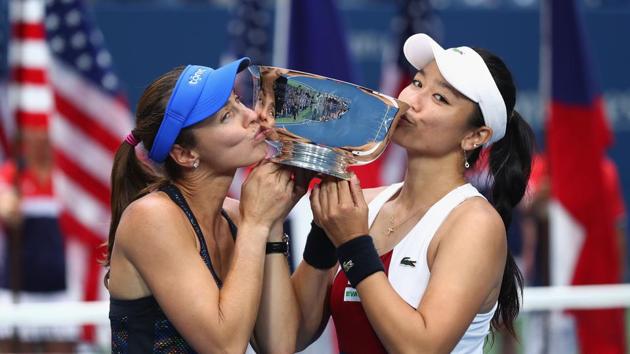 Martina Hingis and Yung-Jan Chan defeated Lucie Hradecka and Katerina Siniakova 6-3, 6-2 to win the US Open women’s doubles crown. (AFP) Martina Hingis and Yung-Jan Chan defeated Lucie Hradecka and Katerina Siniakova 6-3, 6-2 to win the US Open women’s doubles crown. (AFP)