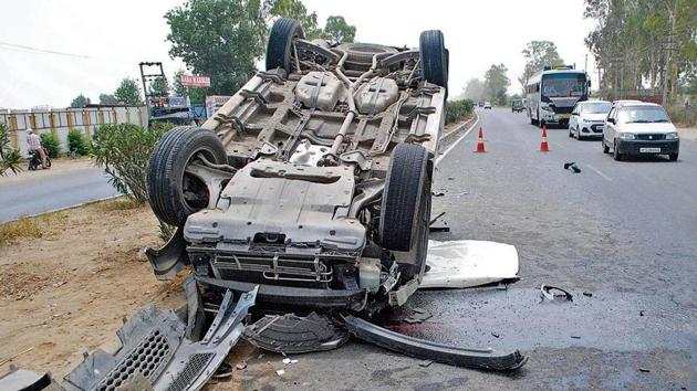 A car that overturned after hitting a tractor from the rear at Manawala village, 8km from Amritsar on June 12, 2016. According to the data compiled by the transport research wing of the Union road transport and highways ministry, as many as 102 persons were killed in 152 accidents in the city last year. (HT File) A car that overturned after hitting a tractor from the rear at Manawala village, 8km from Amritsar on June 12, 2016. According to the data compiled by the transport research wing of the Union road transport and highways ministry, as many as 102 persons were killed in 152 accidents in the city last year. (HT File)