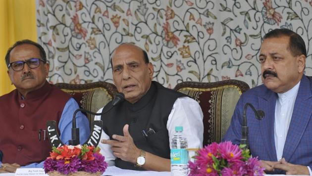 Union home minister Rajnath Singh, along with J-K deputy chief minister Nirmal Singh (left) and Union minister of state in the PMO Jitendra Singh, at a press conference in Srinagar on Monday. (Waseem Andrabi / HT Photo) Union home minister Rajnath Singh, along with J-K deputy chief minister Nirmal Singh (left) and Union minister of state in the PMO Jitendra Singh, at a press conference in Srinagar on Monday. (Waseem Andrabi / HT Photo)