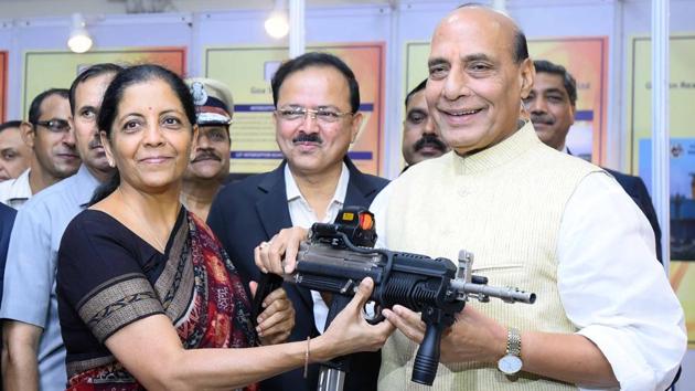 Defence minister Nirmala Sitharaman poses with home minister Rajnath Singh on her first day in office. (Arun Sharma/HT photo) Defence minister Nirmala Sitharaman poses with home minister Rajnath Singh on her first day in office. (Arun Sharma/HT photo)