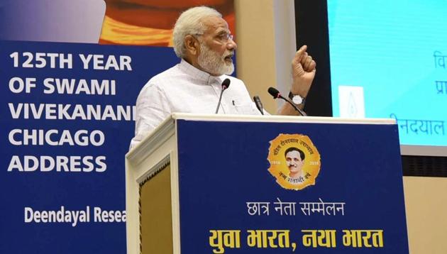 Prime Minister Narendra Modi addresses a gathering of students on the theme of Young India, New India in New Delhi on Monday. (PIB Photo) Prime Minister Narendra Modi addresses a gathering of students on the theme of Young India, New India in New Delhi on Monday. (PIB Photo)