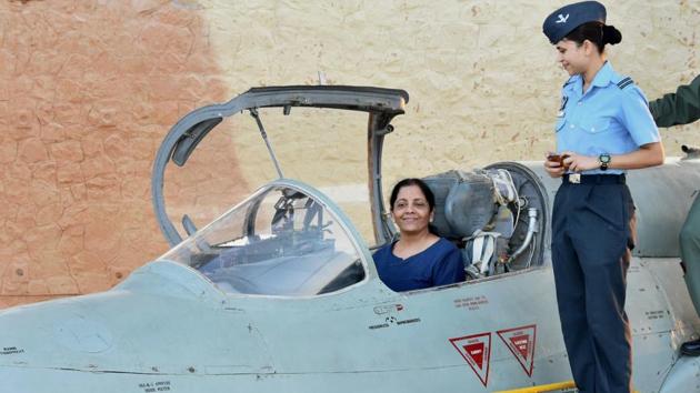 Defence minister Nirmala Sitharaman inside the cockpit of MIG-21 Biscon during her visit to Air Force Station Uttarlai. (PTI Photo) Defence minister Nirmala Sitharaman inside the cockpit of MIG-21 Biscon during her visit to Air Force Station Uttarlai. (PTI Photo)