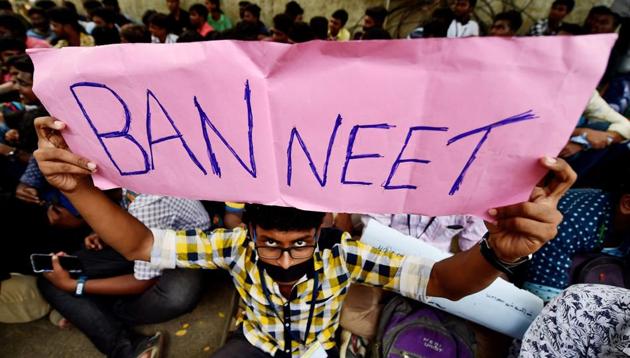 Chennai: Loyola College students during their protest demanding justice for Anitha and urging the Central government to ban NEET, in Chennai on Wednesday(PTI)