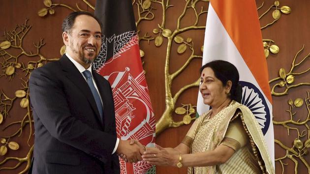 External affairs minister Sushma Swaraj with Salahuddin Rabbani, minister of foreign affairs of Afghanistan before a meeting in New Delhi on Monday. (PTI Photo) External affairs minister Sushma Swaraj with Salahuddin Rabbani, minister of foreign affairs of Afghanistan before a meeting in New Delhi on Monday. (PTI Photo)