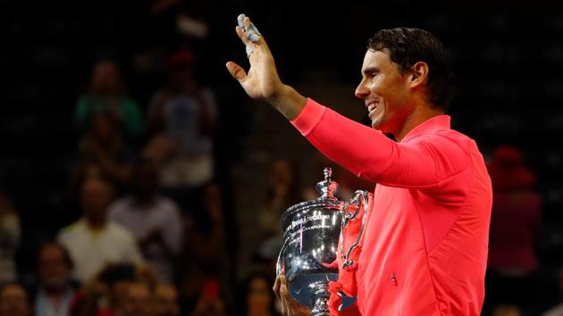 Rafael Nadal holds the US Open trophy after defeating Kevin Anderson in the men’s singles final.(REUTERS)