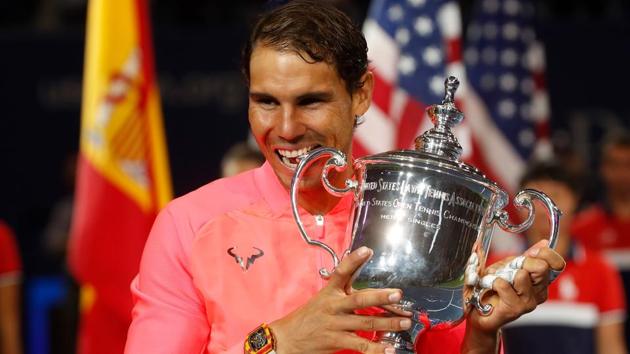 Rafael Nadal holds the US Open trophy after defeating Kevin Anderson in the men’s singles final.(REUTERS)