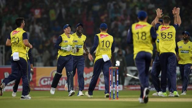 The last three overs proved quite expensive for the World XI as Pakistan plundered 48 runs, with the last six deliveries yielding 21 runs. Pakistan’s final total was 197/5. (Twitter ) The last three overs proved quite expensive for the World XI as Pakistan plundered 48 runs, with the last six deliveries yielding 21 runs. Pakistan’s final total was 197/5. (Twitter )