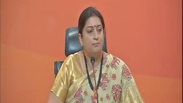 Union minister Smriti Irani addresses media in New Delhi.(ANI Photo) Union minister Smriti Irani addresses media in New Delhi.(ANI Photo)