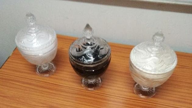 The jars containing the snake venom, which have been handed over to the forest department.(HT Photo)