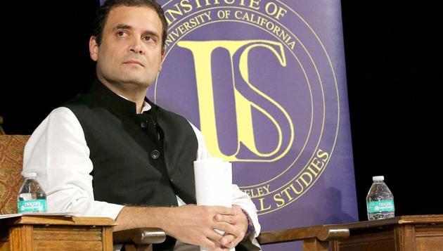 Congress vice president, Rahul Gandhi at the Institute of International Studies at UC Berkeley, California, on Monday.(PTI)