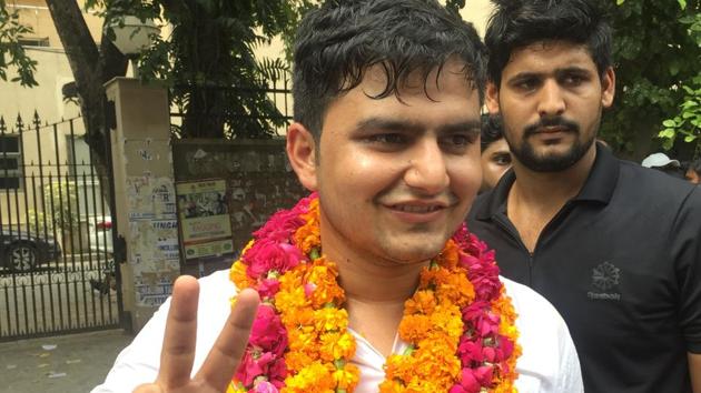 DUSU president Rocky Tuseed, a student of MA (Buddhist Studies), later challenged the decision in the Delhi High Court, and got relief.(HT Photo)