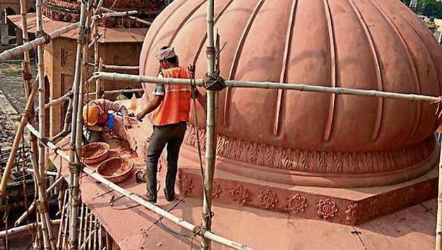 Renovation work in progress at Durbar Hall in Kapurthala on Tuesday.(HT Photo) Renovation work in progress at Durbar Hall in Kapurthala on Tuesday.(HT Photo)
