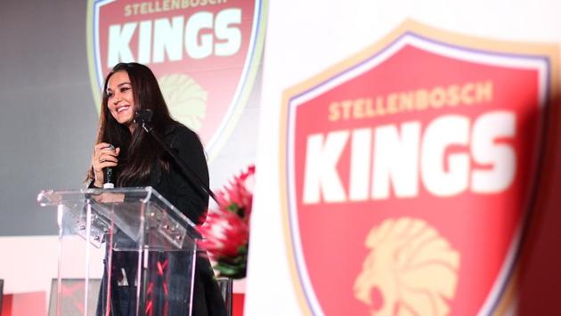Preity Zinta, owner of the South Africa T20 Global League team Stellenbosch Kings, unveils its logo at Val de Vie Estate in Paarl, South Africa, on Wednesday.(Gallo Images)