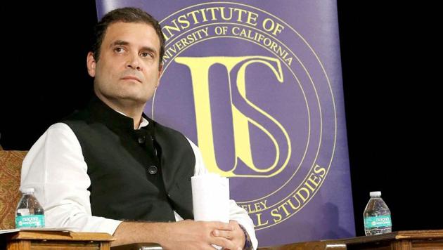 Congress Vice President, Rahul Gandhi at Institute of International Studies at UC Berkeley, California on Monday.(PTI Photo)