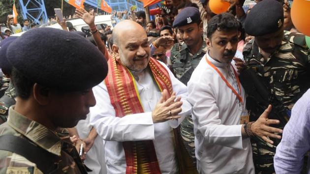 BJP president Amit Shah was in Bengal for a three-day tour. The body of the local leader who the party says was killed by suspects linked to the ruling Trinamool Congress was found on Monday, the first day of Shah’s visit.(Samir Jana/HT photo)