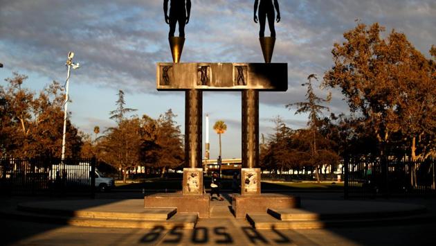 The shadow of an LA 2028 sign is seen at the Los Angeles Coliseum. (REUTERS) The shadow of an LA 2028 sign is seen at the Los Angeles Coliseum. (REUTERS)