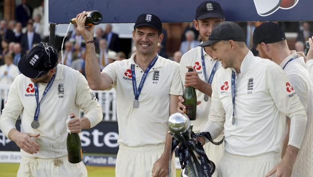 The England cricket team celebrate after winning the test series against the West Indies at Lord's cricket ground in London on Saturday, Sept. 9, 2017.(AP)