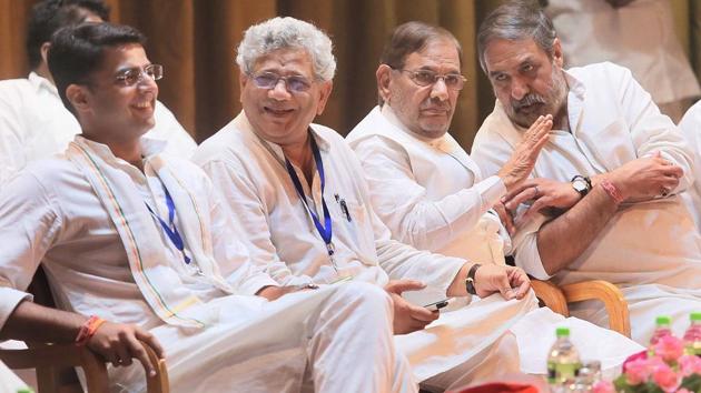 Rajasthan Congress chief Sachin Pilot, CPM general secretary Sitaram Yechury, dissident JD(U) leader Sharad Yadav and former Union minister Anand Sharma, in Jaipur, Thursday.(Himanshu Vyas/HT Photo) Rajasthan Congress chief Sachin Pilot, CPM general secretary Sitaram Yechury, dissident JD(U) leader Sharad Yadav and former Union minister Anand Sharma, in Jaipur, Thursday.(Himanshu Vyas/HT Photo)