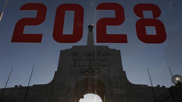 An LA2028 sign is seen at the Los Angeles Coliseum to celebrate Los Angeles being awarded the 2028 Olympic Games. (REUTERS) An LA2028 sign is seen at the Los Angeles Coliseum to celebrate Los Angeles being awarded the 2028 Olympic Games. (REUTERS)
