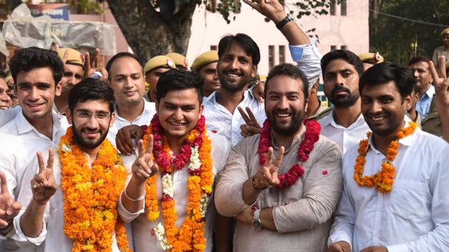 NSUI’s winners during their victory celebrations after the DUSU election results. (Sushil Kumar/HT PHOTO) NSUI’s winners during their victory celebrations after the DUSU election results. (Sushil Kumar/HT PHOTO)