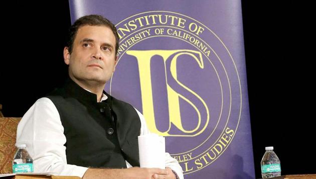 Congress vice president Rahul Gandhi at the Institute of International Studies at UC Berkeley, California.(PTI)