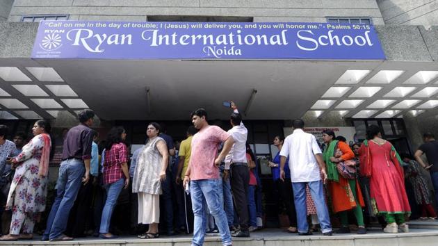 Parents gather to protest against the management of Ryan International School in Noida. A student of the school’s Bhondsi, Gurgaon branch was allegedly killed by a bus conductor in a crime that triggered widespread outrage across NCR. (Sunil Ghosh/HT) Parents gather to protest against the management of Ryan International School in Noida. A student of the school’s Bhondsi, Gurgaon branch was allegedly killed by a bus conductor in a crime that triggered widespread outrage across NCR. (Sunil Ghosh/HT)