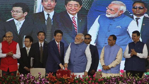 Japanese Prime Minister Shinzo Abe, center left and Indian Prime Minister Narendra Modi, center right, press a button to launch a high speed rail project in Ahmadabad, India, Thursday, Sept. 14, 2017.(AP Photo) Japanese Prime Minister Shinzo Abe, center left and Indian Prime Minister Narendra Modi, center right, press a button to launch a high speed rail project in Ahmadabad, India, Thursday, Sept. 14, 2017.(AP Photo)