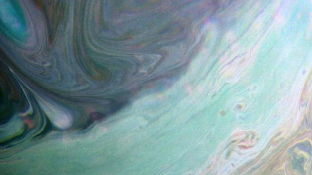 A false-color view of Saturn’s clouds. The Cassini orbiter and its two onboard cameras were designed, developed and assembled at JPL. The imaging operations center is based at the Space Science Institute in Boulder, Colo. (NASA/JPL-Caltech/Space Science Institute/Kevin M. Gill) 