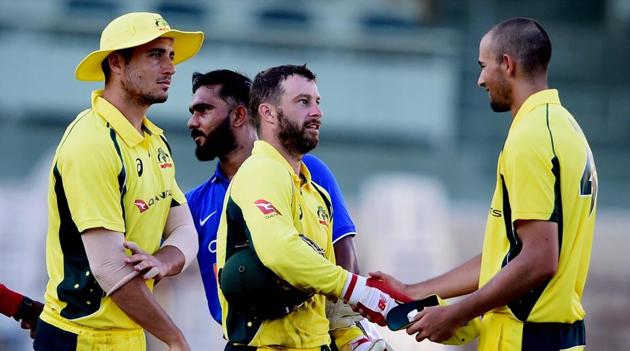 Australia's Ashton Agar and other teammates after winning the practice match vs BCCI Board President's XI at MA Chirambaram Stadium in Chennai on Tuesday. (PTI) Australia's Ashton Agar and other teammates after winning the practice match vs BCCI Board President's XI at MA Chirambaram Stadium in Chennai on Tuesday. (PTI)