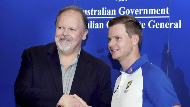 Steve Smith with Australian Consul-General Sean Kelly during a welcoming ceremony. (PTI) Steve Smith with Australian Consul-General Sean Kelly during a welcoming ceremony. (PTI)