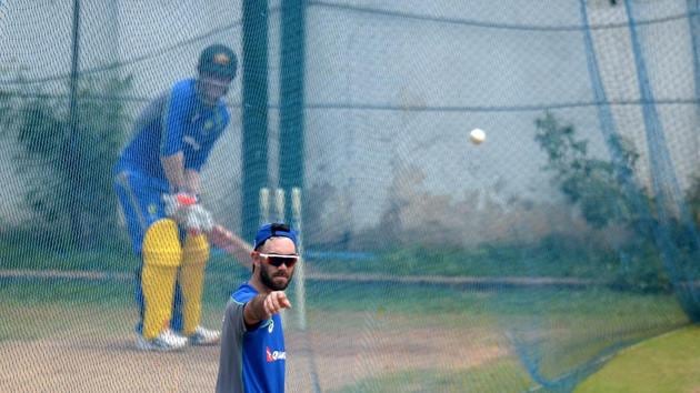 Glenn Maxwell prepares for a batting training session at the nets in Chepauk stadium, Chennai. (AFP) Glenn Maxwell prepares for a batting training session at the nets in Chepauk stadium, Chennai. (AFP)