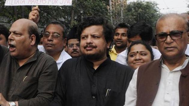 Ritabrata Banerjee (in black kurta) at a protest march in Kolkata.(HT file photo)