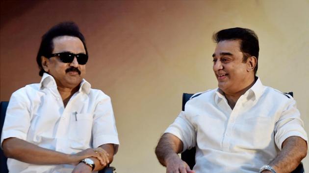 DMK working president MK Stalin and actor-filmmaker Kamal Haasan at the diamond jubilee celebration of the party's mouthpiece 'Murasoli' in Chennai on Thursday. (PTI) DMK working president MK Stalin and actor-filmmaker Kamal Haasan at the diamond jubilee celebration of the party's mouthpiece 'Murasoli' in Chennai on Thursday. (PTI)