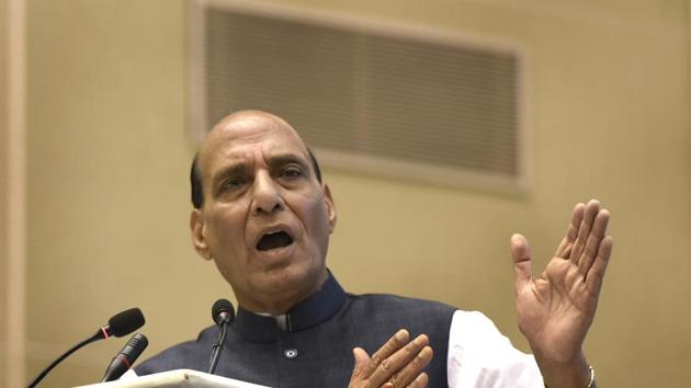 Union home minister Rajnath Singh at the presentation ceremony of the Rajbhasha Awards in New Delhi on Thursday.(Sushil Kumar/HT Photo)