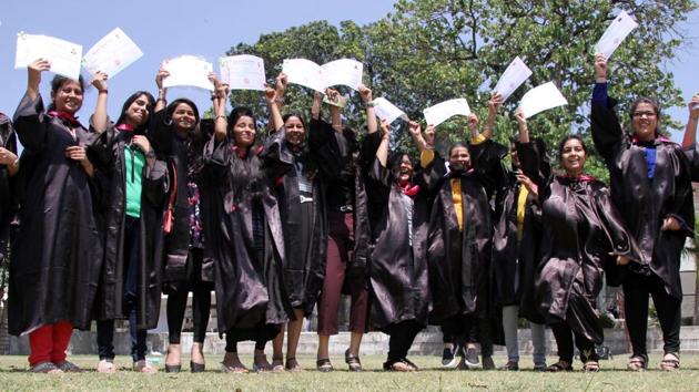 Students after the receiving their degrees at the annual convocation of Arya College in Ludhiana.(HT File)