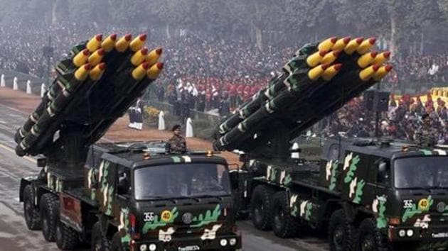 Indian army officers stand on vehicles displaying missiles during the Republic Day parade in New Delhi, January 26, 2016(REUTERS)