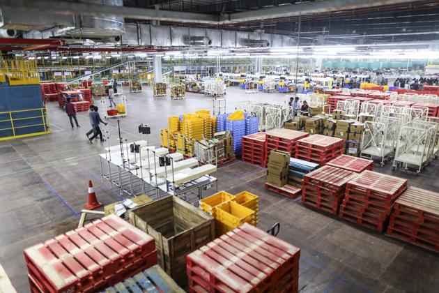 The warehouse at the Amazon.com Inc. fulfilment centre in Hyderabad on September 7, 2017. This is Amazon’s largest such centre in India. It spans 400,000 square feet with 2.1m cubic feet of storage capacity. (Dhiraj Singh/Bloomberg via Getty Images) The warehouse at the Amazon.com Inc. fulfilment centre in Hyderabad on September 7, 2017. This is Amazon’s largest such centre in India. It spans 400,000 square feet with 2.1m cubic feet of storage capacity. (Dhiraj Singh/Bloomberg via Getty Images)