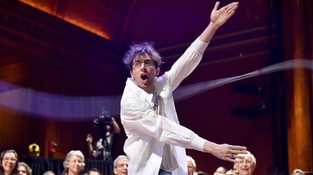 Performing chemist Michael Skuhersky participates in a Moment of Science during the 27th First Annual Ig Nobel Prize Ceremony at Harvard University in Cambridge, Massachusetts.(Reuters Photo)