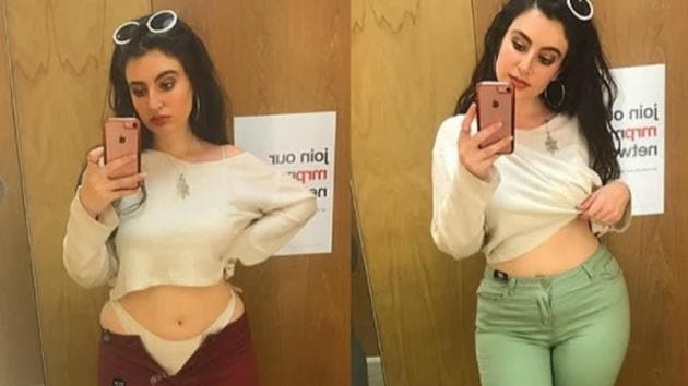 Mira Hirsch’s Instagram post shows her trying on two different garments of the same size which don’t fit her in the same manner.(Courtesy: Mira Hirsch/Instagram)