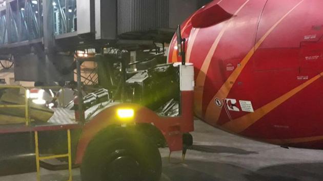 Engine number 1 on the outboard side of the flight, AI820 from Vadodara to Delhi, hit a parked ground cool unit at Delhi’s Indira Gandhi International Airport on Friday.(HT Photo)